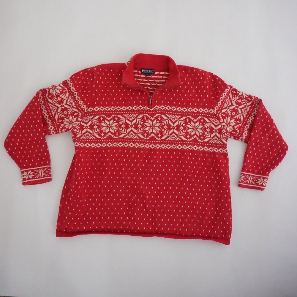 Lands End Red Fair Isle Snowflake Quarter Zip Nordic Ski Sweater XL
